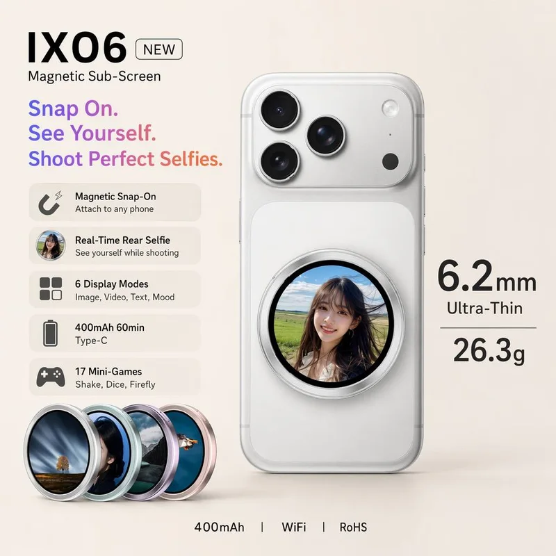 LX06 magnetic OLED mini screen on the back of a phone showing a selfie
