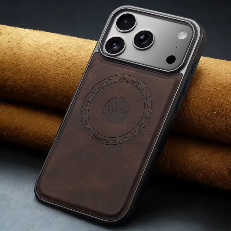 Premium brown MagSafe PU leather phone case, elegant studio shot
