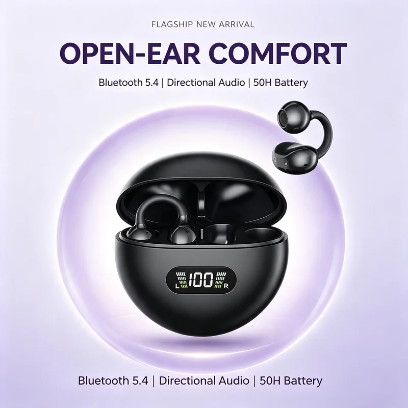 Open-ear wireless earbuds with charging case