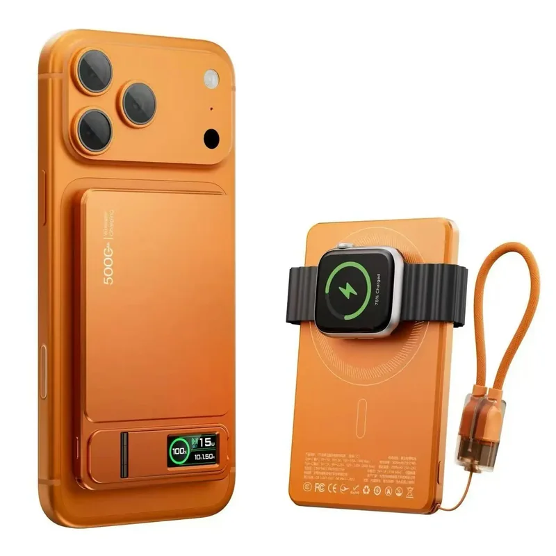 Ultra-slim MagSafe power bank with TFT display, front view