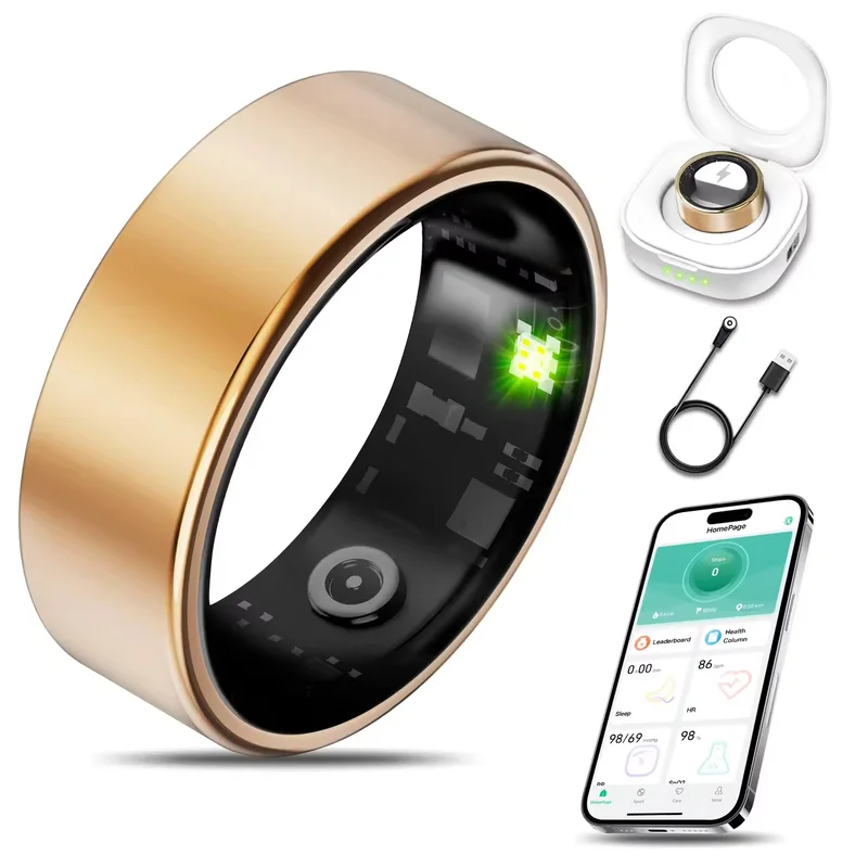 Gold smart ring with charging case and phone app