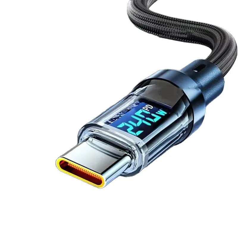 Braided USB-C fast-charge cable with a glowing digital power display
